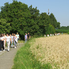 Schülergruppe zwischen Getreidefeldern