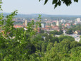 Ausblick von der Strecke durch Bäume auf die Türme von Crailsheim - das Bild wird mit Klick vergrößert